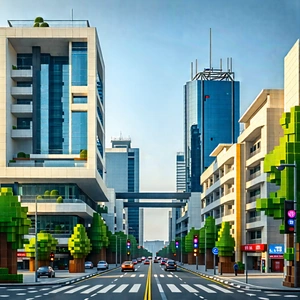 Urban Low Poly: Urban Street With Modern Architecture With Busy City