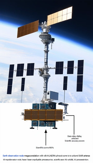 A Large Satellite Is Mounted On A Tall Tower, Which Is Connected To A Smaller Satellite