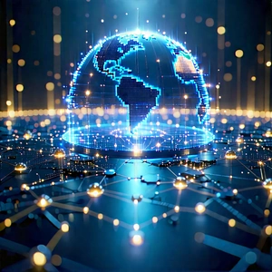 Blockchain Network Visualization With Blue Globe
