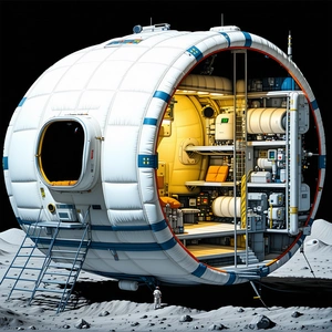 A Large White Spacecraft Is Sitting On A Rocky Surface, With A Small Spacecraft Docked To The Side