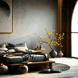 Lifestyle Tilt-shift Photography: Bedroom Sanctuary With (minimalist:1.42) Decor With Large Black