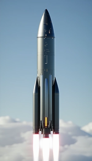 A Large Rocket Ship, Possibly A Space Shuttle, Sitting On A Cloudy Blue Sky