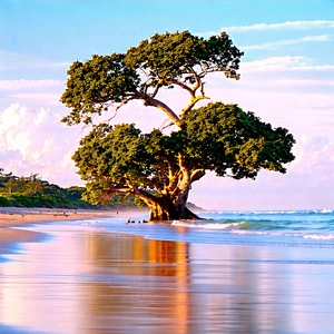 Nature Professional Photography: Ancient (tree:1.11) In Coastal Environment With Beautiful Beach