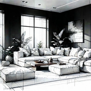 Lifestyle Pencil Sketch: Cozy Living Room With Comfortable Textiles With Image, There