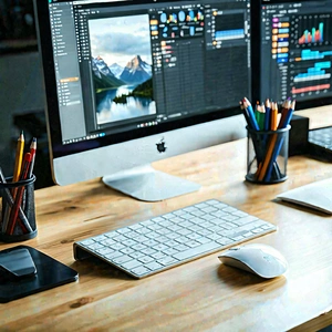 Business Matte Painting: Workplace with productivity tools on desk