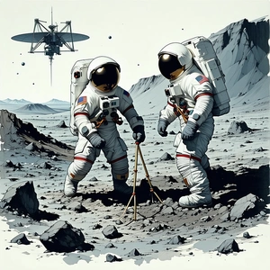 In The Image, There Are Two Astronauts Standing On A Rocky Surface, Possibly On The Moon