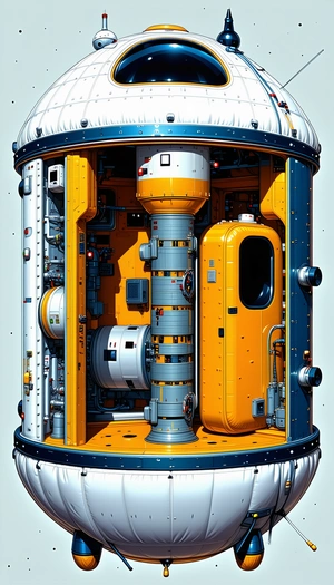 In The Image, There Is A Large, Yellow And Blue Structure With A Lot Of Pipes And Machinery Inside