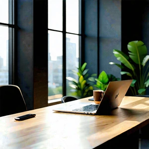 Business Graphic Design: Workplace With Laptop And Coffee On Desk With Wooden Desk