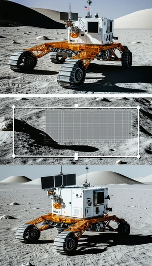 The Image Is A Split-screen Display Of A Rover On The Moon