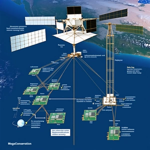 The Image Is A Diagram Of A Satellite Network, Showing The Various Components And Their Connections