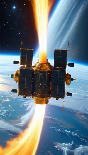 A Space Shuttle With A Large Satellite On Top Of It, Flying Through The Sky