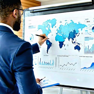 Business Landscape Photography: Finance professional using digital whiteboard