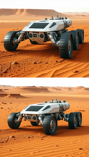 A Futuristic Vehicle With Four Large Wheels, Designed For Traveling On The Red Dirt Terrain