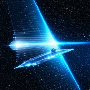 In The Image, There Is A Blue And White Boat Floating In The Middle Of The Night Sky