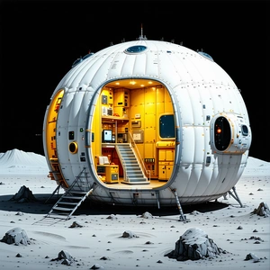 A Large White Spacecraft With A Yellow Door, Sitting On A Rocky Surface