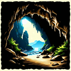 Nature Woodcut Print: Cave Entrance In Summer With Image, There