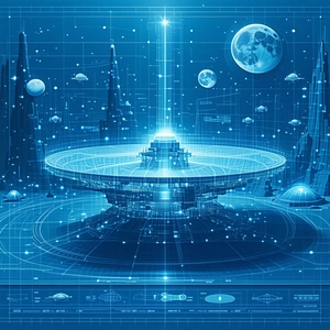 In This Futuristic Scene, A Large, Blue, Circular Structure Is Surrounded By Various Spaceships