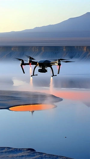 A Helicopter Is Flying Over A Frozen Lake, With Its Landing Gear Down