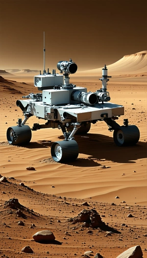 A Large Robotic Vehicle, Possibly A Rover, Sitting On A Dirt Surface