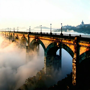 Urban Landscape Photography: Iconic Bridge With Morning (mist:1.46) With Bridge Seen