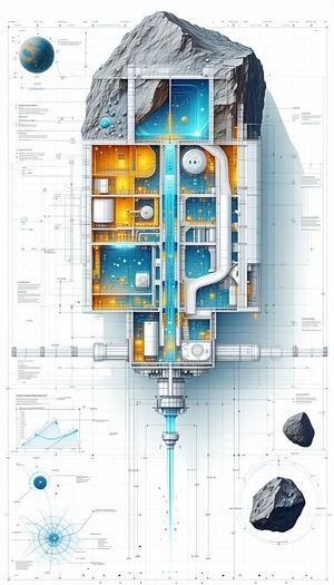 A Blue And White Drawing Of A Building Is Displayed