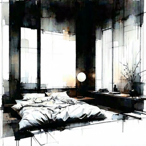 Lifestyle Ink Drawing: Bedroom Sanctuary With Minimalist Decor With Black White