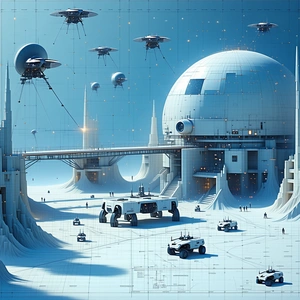 In This Futuristic Scene, A Large White Dome Is Surrounded By Numerous Small White Spheres