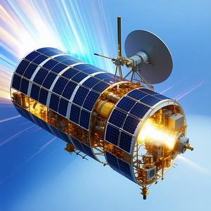 A Large Spacecraft Is Shown In A Blue Sky, With A Large Dish On Top Of It