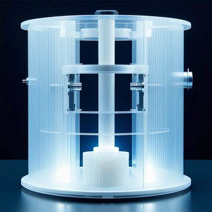 large, clear glass cylinder filled