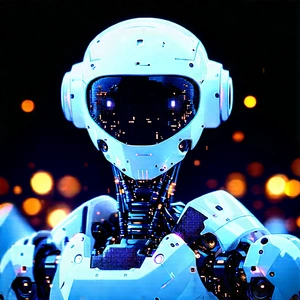 Robot With Digital Particles With Futuristic Robot