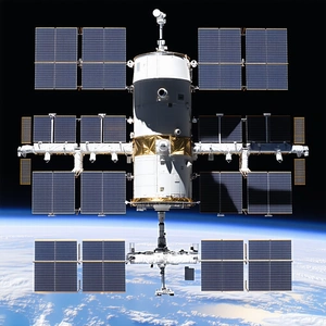 A Large Spacecraft With A White And Gold Color Scheme, Floating In The Sky