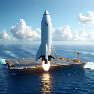A Large White Rocket Ship Is Being Launched From A Large Ship In The Ocean