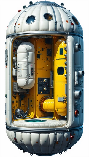 In The Image, There Is A Large, Yellow, And White Spacecraft With A Hollowed-out Interior