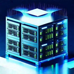 Server Rack With Data Streams With Large Blue
