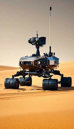 A Robotic Vehicle Is Sitting In The Sand, With Its Wheels And Legs Visible