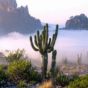Nature Hdr Photography: Cactus In Misty Environment With Cactus Plant