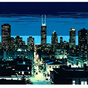 Urban Woodcut Print: Cityscape of downtown district during night