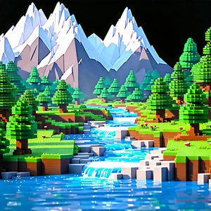 Nature Voxel Art: Mountain Stream Surrounded By Mountain Peaks With Image, There