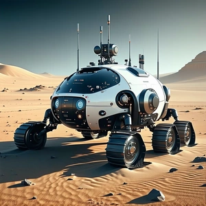 A Futuristic Vehicle Is Parked In A Desert-like Environment