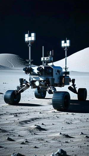 A Robotic Vehicle Is Parked On The Moon, With Its Lights On
