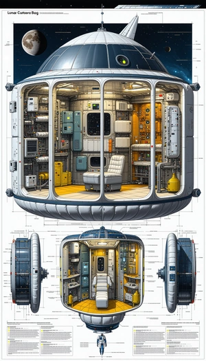 In This Futuristic Drawing, There Is A Large Spacecraft With A Variety Of Rooms And Equipment