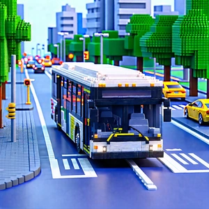 Urban Voxel Art: City Bus In Busy Intersection With Large Driving