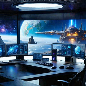Futuristic Digital Workspace With Image, There