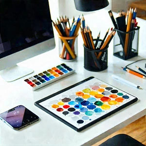 Business Gouache Painting: Workplace with digital devices on desk