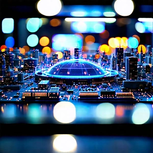 Entertainment Technology In Manufacturing Facility With Futuristic Cityscape