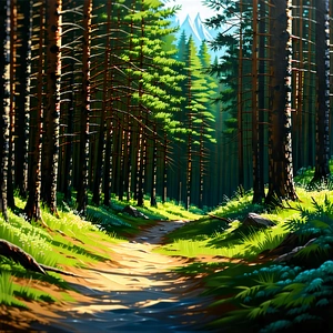 Nature Acrylic Painting: Path Through Pine (forest:1.5) With Image, There
