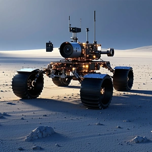 A Large Robotic Vehicle Is Sitting On A Rocky Surface, Possibly A Desert