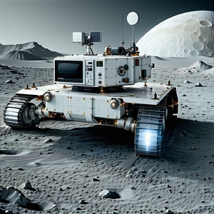 A White Robotic Vehicle, Possibly A Rover, Driving Across A Rocky Terrain