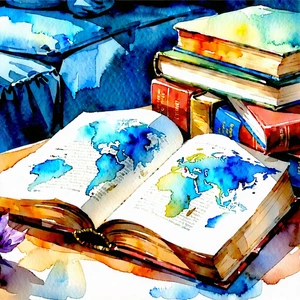 Lifestyle Watercolor Painting: Book Club With Community Group With Table Stack