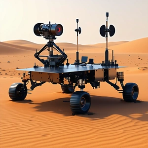 A Large, Four-wheeled Robotic Vehicle With A Flat Surface And A Camera Mounted On Top